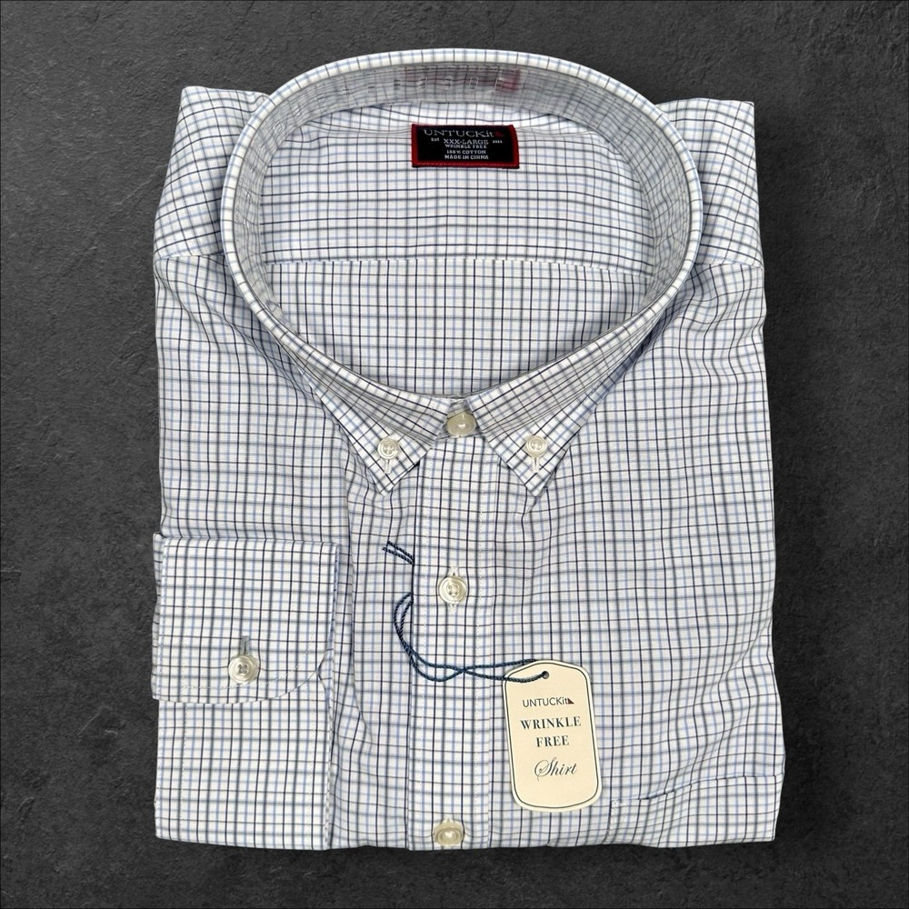 UNTUCKit Shirt Men 3XL Casarena Blue Check Long Sleeve Pocket Button Down Cotton - Picture 1 of 9